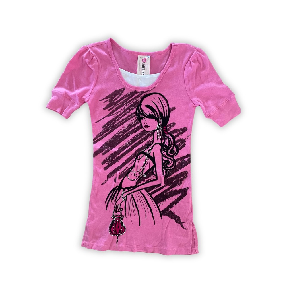 Girls Pink Fashion Graphic Glitter Top Size M 100% Cotton